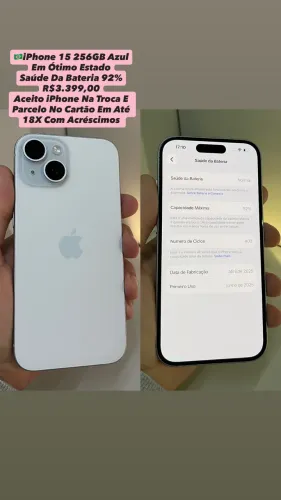 iPhone 15 256GB Azul - Saúde Da Bateria 92% (Usado)