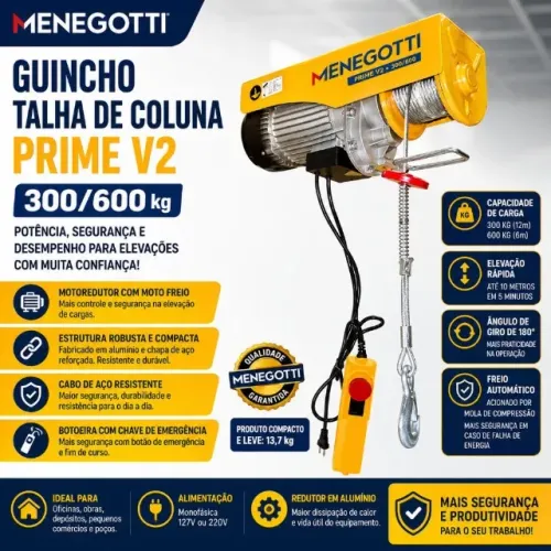 Guincho de Coluna Cabo de Aço 300/600Kg 1500W 220V MENEGOTTI-PRIME-V2-300