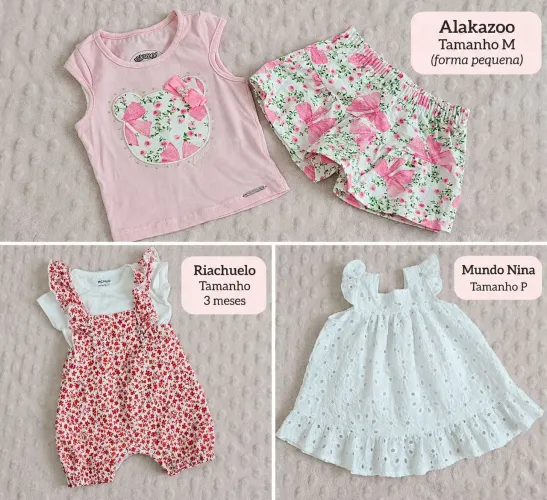 3 conjuntos e vestidos de bebê menina - Alakazoo, Riachuelo e Mundo Nina