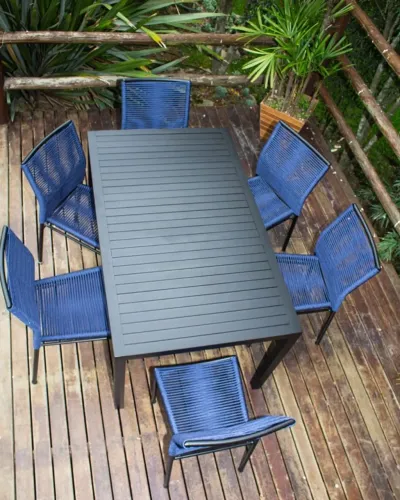 MESA RETANGULAR DE ALUMINIO + 6 CADEIRAS DE CORDA NÁUTICA 
