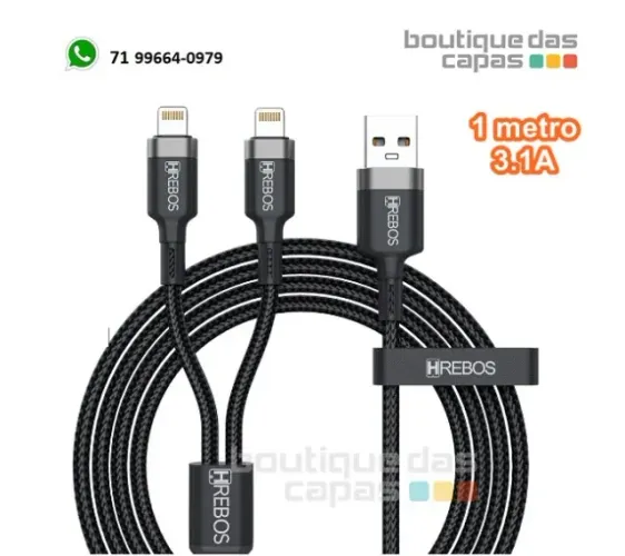 Cabo usb duplo Lightining 2 Pontas HRebos HS-106 1 metro iphone ipad
