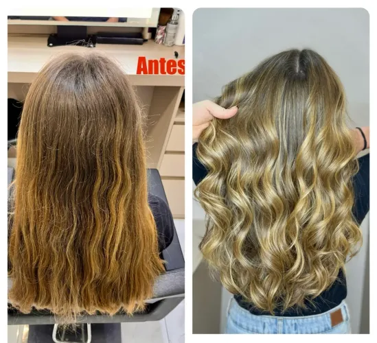 Mechas loiras, morena iluminadas e correção de cor.