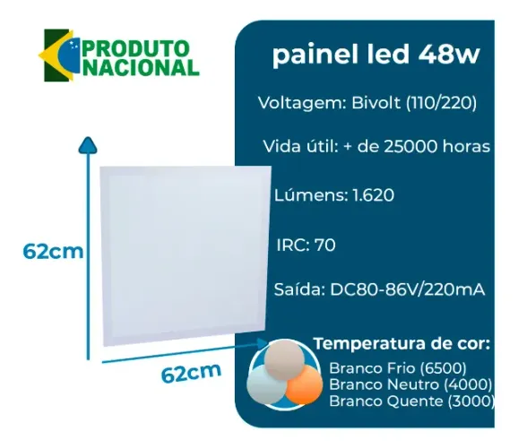 Painel 48w 62x62 embutir 6500k Novo Retirada Na Planlto
