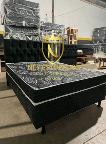 Cama Box Casal Black com Cabeceira Estofada