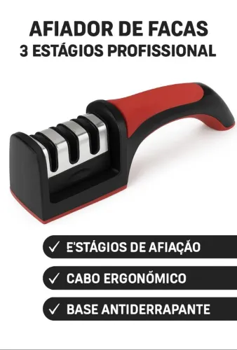 Afiador Amolador De Faca 3 Afiacoes Em Aco Inox Vermelho/preto