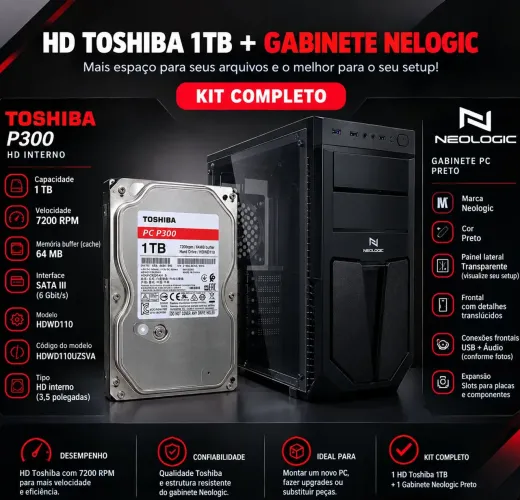 HD Toshiba 1TB + Gabinete Gamer Neologic Preto Fan Argb.