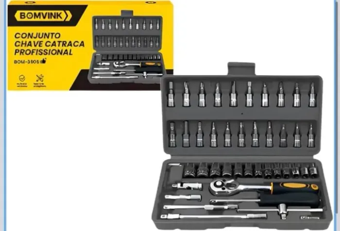 Kit Ferramentas - Jogo 46 Chaves Catraca Maleta Canhão Soquetes