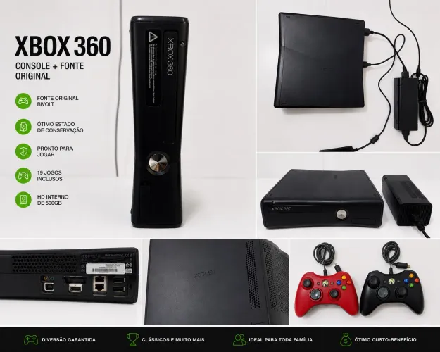 Xbox 360 Desbloqueado + 2 Controles + 19 Jogos + HD 500GB | Troco em PS4