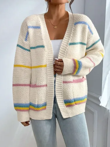 Cardigan com Estampa Listrada, Blusa de Frio Aberta
