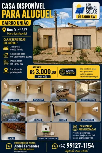 CASA DISPONÍVEL PARA ALUGUEL BAIRRO UNIÃO COM PAINEL SOLAR