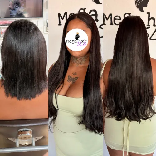 Aplicação Mega hair, cabelo bio vegetal