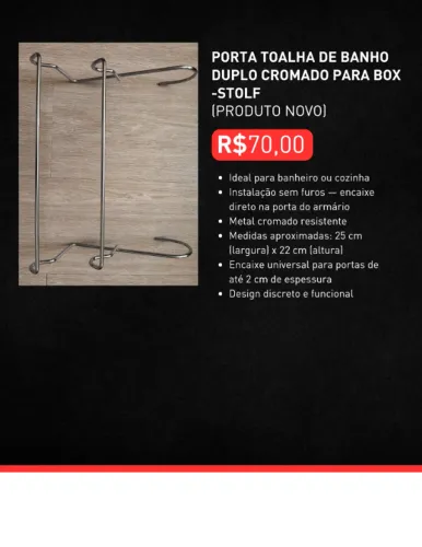 Porta Toalha de banho duplo cromado para box - Stolf