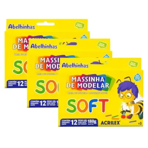  Kit 03 Caixas Massinha de Modelar 180g Com 12 Cores - Acrilex
