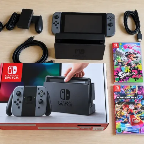 Nintendo Switch V1 completo, com dois jogos e Micro SD de 512GB