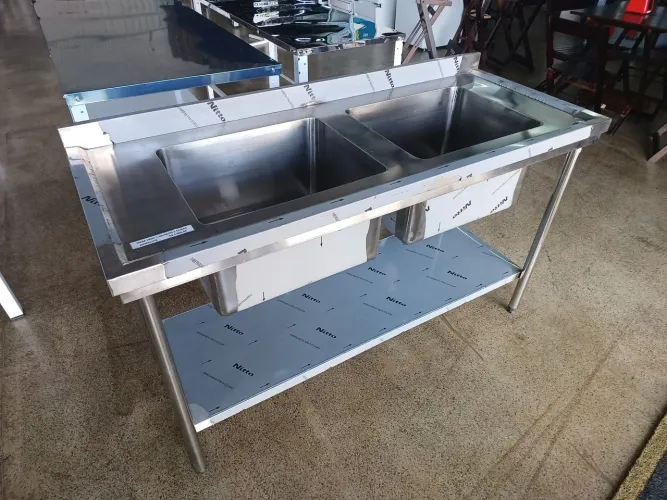 Mesa Inox 1.50x60cm 2 Cubas c/Paneleiro 