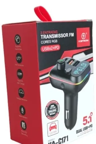 TRANSMISSOR E CARREGADOR 5.1 USB+ PD FM KAPBOM KA-C171