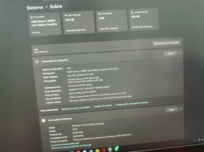 NOTEBOOK NITRO 5 24gb de RAM GTX 1650