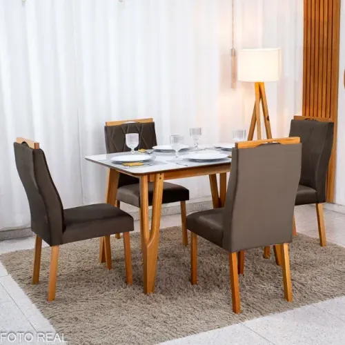 Mesa de Jantar Siena 120x90 Vidro Off/Base Madeira + 4 Cad. Lisboa Madeira Entregue Montad