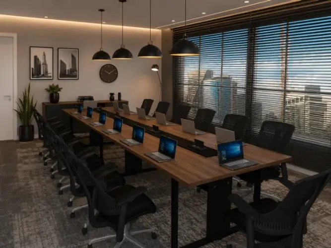 Mesa de Reunião Trapeze Delluxe Copenhagen. Alto Padrão 16 tomadas L540cm x L130cm x A74cm