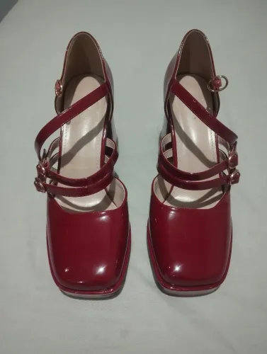 Sapato Salto Alto Plataforma Grosso Com tiras Vermelho Bordô 