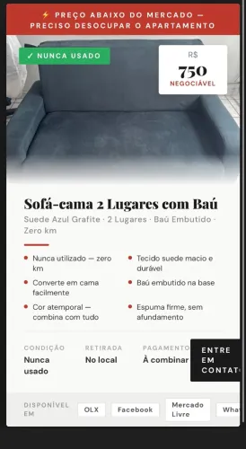 Sofá-cama 2 Lugares Suede Azul com Baú - Nunca Usado