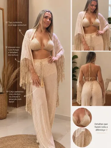 Conjunto de Saída de Praia Boho Chic - Bege Champagne