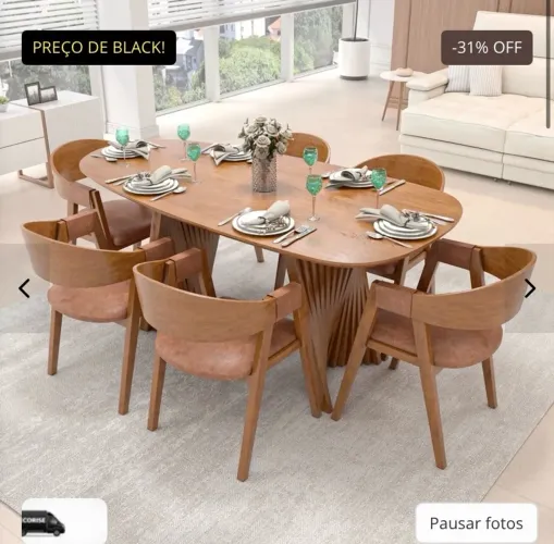 Conjunto de Jantar Mesa Califórnia Madeira Maciça 6 Cadeiras Miami Estofadas