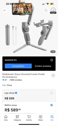 Gimbal estabilizador Zhiyun Smooth q3 pra celular