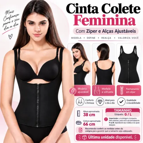 Cinta Colete Feminina com Zíper e Alças Ajustáveis Preta