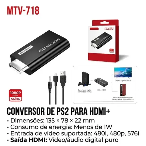 Conversor PS2 Para HDMI Adaptador Audio e Video HDTV Tomate MTV-718 Playstation 2 TV Smart