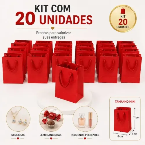 Kit 20 Sacolas Mini Vermelhas para Presente 11x8x5 - Semijoias Lembrancinhas