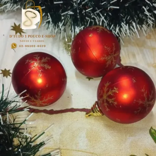 KIT C/ 03 BOLAS DE NATAL VERMELHAS COM DOURADO- 08CM IMPORTADAS E.U.A
