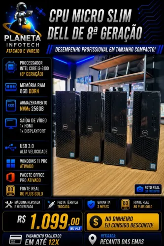 CPU DELL Micro Slim core i3 8100T com 8gb de ram DDR4 + NVME 256gb Gen4 ( com garantia )