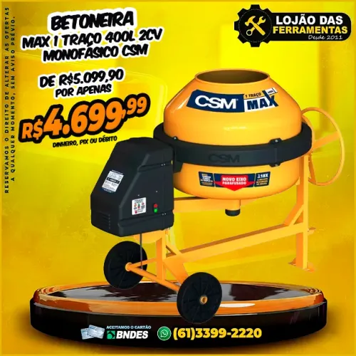 Betoneira Max 1 Traço 400L 2CV Monofásico Csm