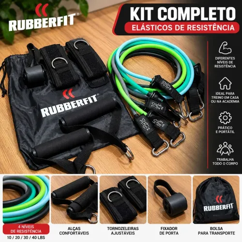 KIT RUBBERFIT COMPLETO / ELÁSTICOS DE RESISTÊNCIA PARA TREINO EM CASA / ACADEMIA