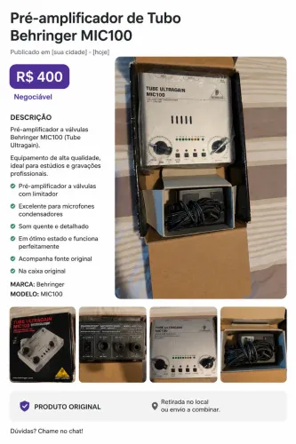 Pré-amplificador Behringer MIC100 Tube Ultragain com Fonte Original