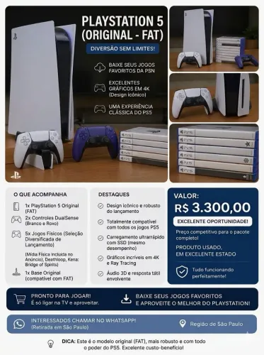 PlayStation 5 PS5 FAT com Leitor + 2 Controles + 5 Jogos + Base