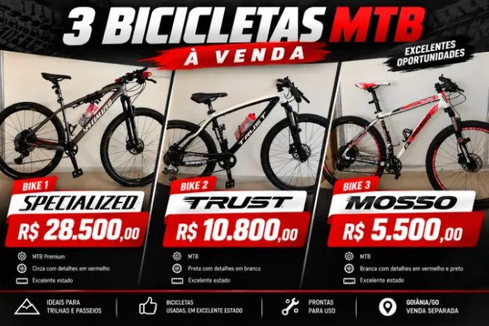 3 Bikes MTB à Venda | Specialized, Trust e Mosso | R$ 5.500 a R$ 28.500