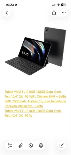 Tablet VAIO TL10 8GB 128GB Octa-Core, Tela 10.4? 2K, 4G WiFi, Câmera 8MP
