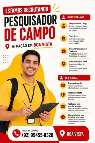 VAGA PESQUISADOR BOA VISTA,MANAUS E INTERIOR DO AMAZONAS 