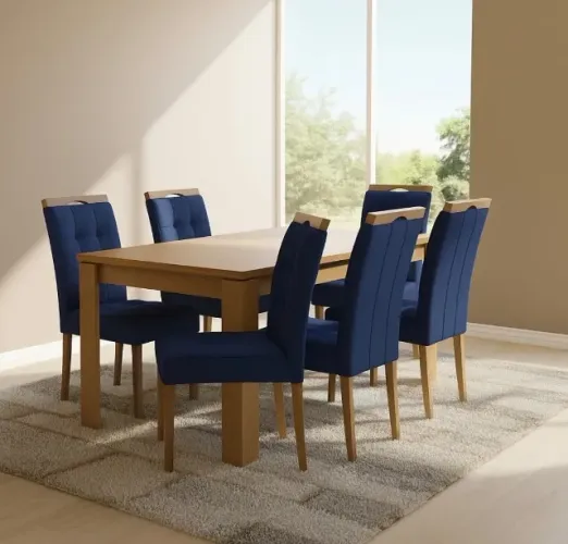 Conjunto de Jantar 6 Lugares Grande com Encaixe e Veludo Azul