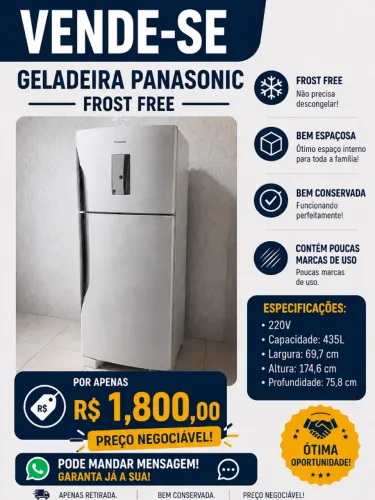 Vende-se Geladeira Panasonic Frost Free, 2 Portas, 220V.