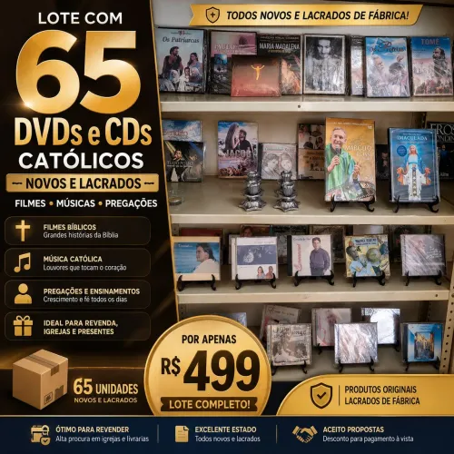 Lote 65 DVDs e CDs Católicos Novos Lacrados - Filmes, Música e Pregações. Aceito propostas