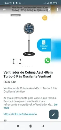 VENTILADOR DE COLUNA AZUL 40 CM TURBO VENTISOL .