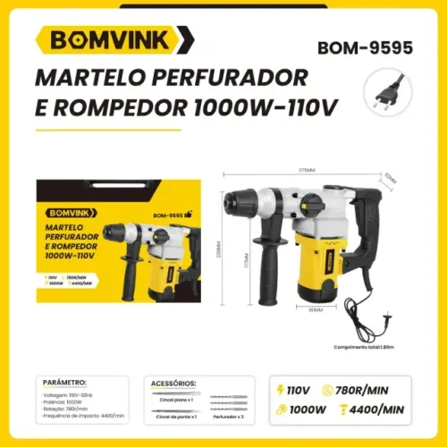 Martelo Perfurador E Rompedor 1000W 110V Bomvink BOM-9595 - 3 Funções E Maleta 