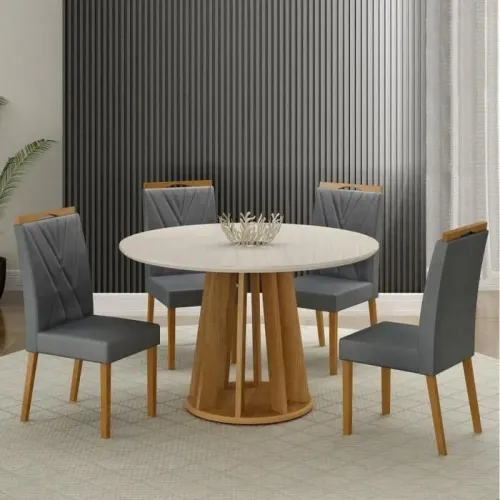 Mesa de Jantar Laqueada Redonda com 4 Cadeiras