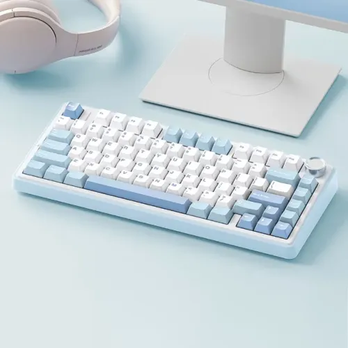 [Novo] Teclado Epomaker Aula F75 Sea Salt Blue, Sem Fio, Tri-Mode, Ashwood V3, 4000mAh, PC