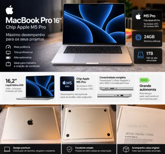 MacBook Pro 16pol. M5 Pro | 24GB RAM | SSD 1TB | Prateado