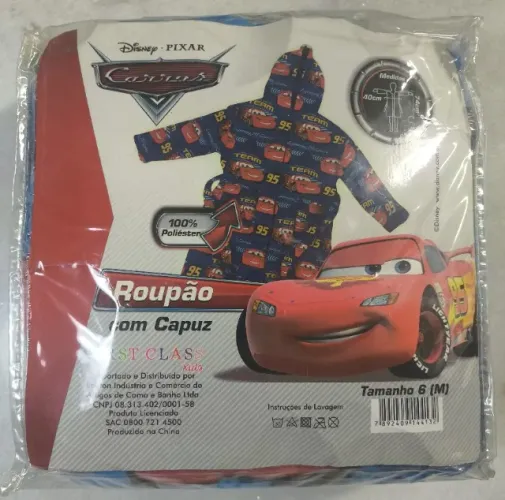 Roupão infantil c/ capuz em microfibra, modelo Carros, da marca First Class.