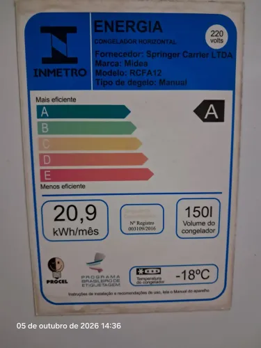 Freezer Midea 150 litros SELO PROCEL ECONOMIA ( 20,9 KWH/ POR MÊS )